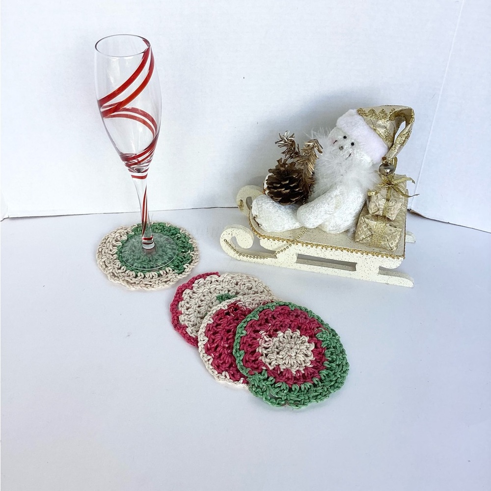 Coaster Set Hand Crafted Red Tan Green Crochet Country Rustic Farmhouse